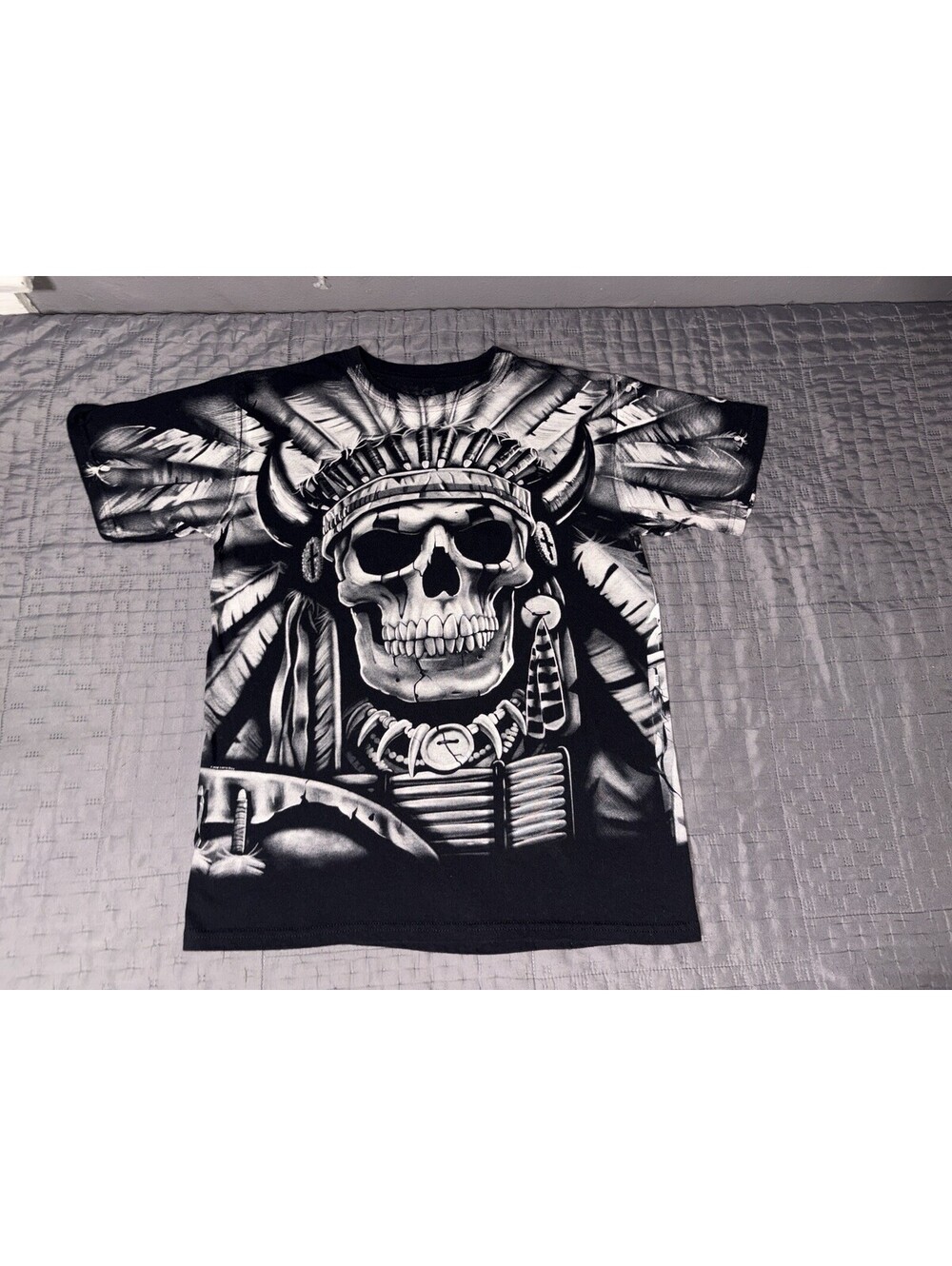 Vtg Liquid Blue T-Shirt Mens Adult Skeleton Indian Chief Skull AOP Shirt